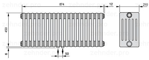 Схема (чертеж) Радиатор Zehnder Charleston 6045/19 №3470 Белый глянцевый RAL 9016